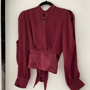 With Tags Satin Open Tie Back Cold Shoulder/Arm Wine Color Top